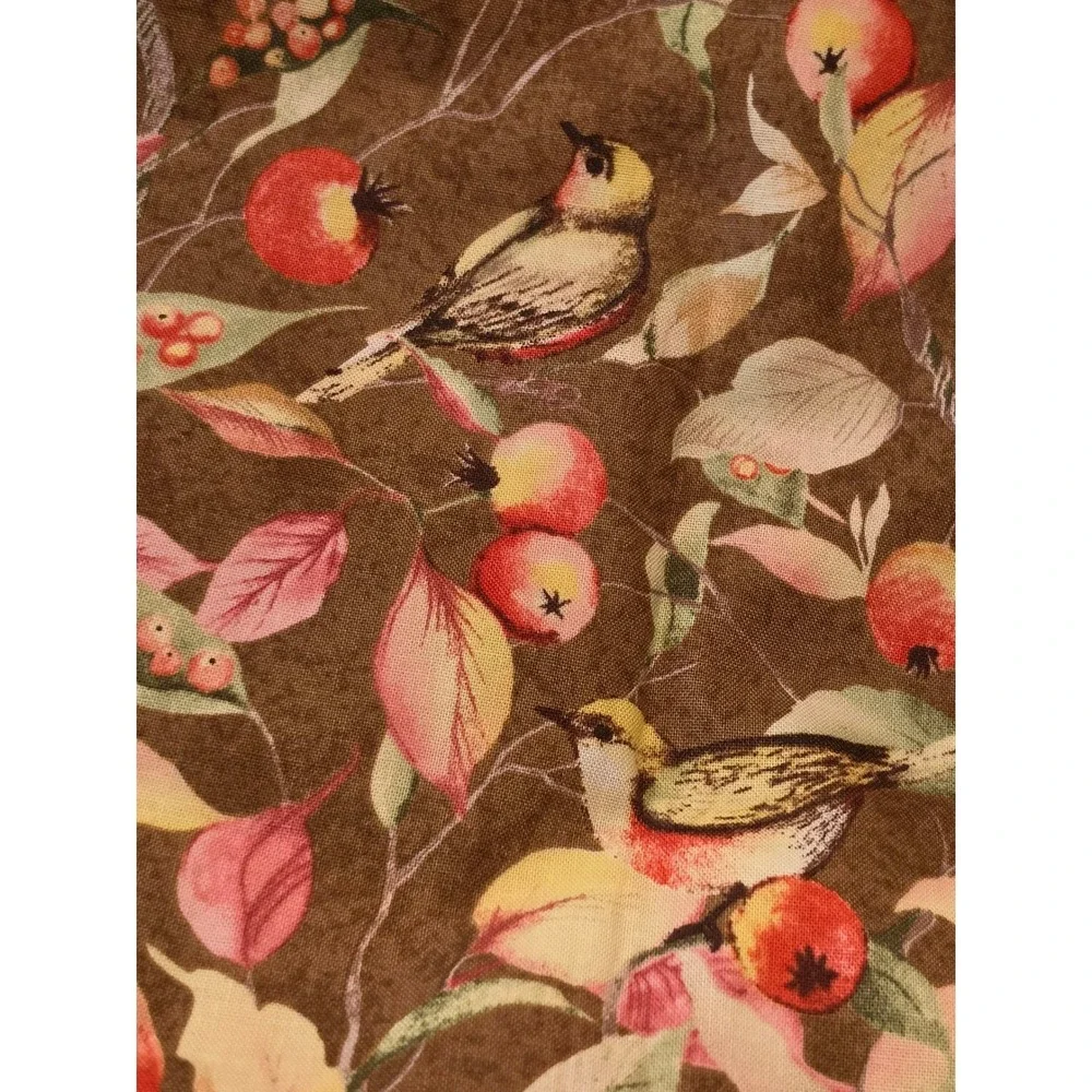 2 Vintage Autumn Bird and Berry Print Cloth Napkins Brown Fall Table Linens